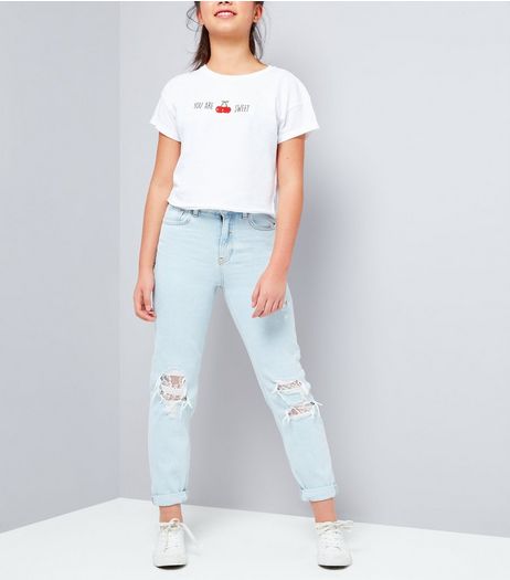 Teens Pale Blue Ripped Lace Knee Mom Jeans | New Look