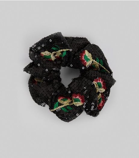 Black Sequin and Floral Embroidered Scrunchie | New Look