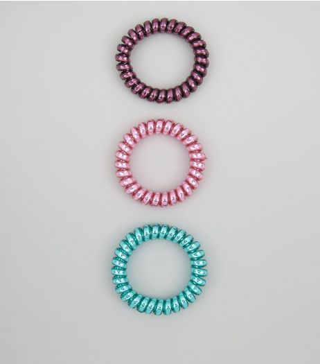 3 Pack Pink Purple and Green Metallic Spiral Hair Bobbles | New Look