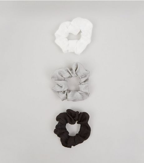 3 Pack White Grey and Black Chiffon Scrunchies | New Look