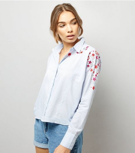 Blue Stripe Floral Embroidered Boxy Shirt | New Look
