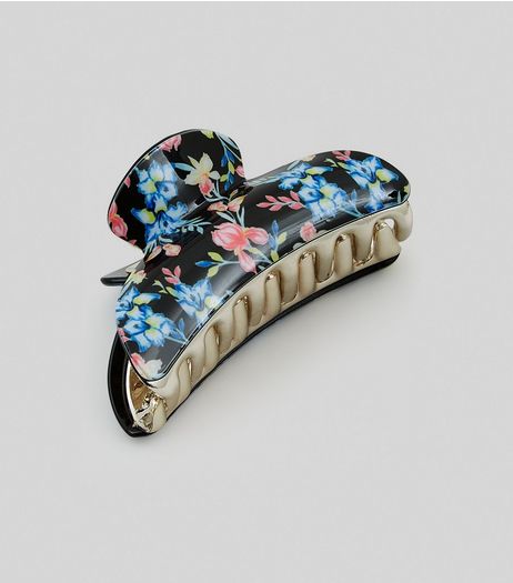 Black Floral Print Bulldog Clip | New Look