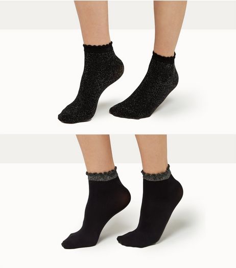 2 Pack Black Glitter Scallop Trim Socks | New Look