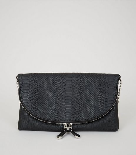 Black Snakeskin Texture Zip Top Cross Body Bag | New Look