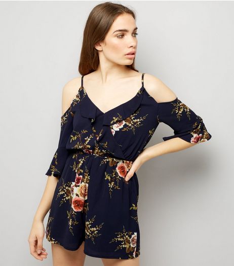 Parisian Navy Floral Print Cold Shoulder Playsuit | New Look