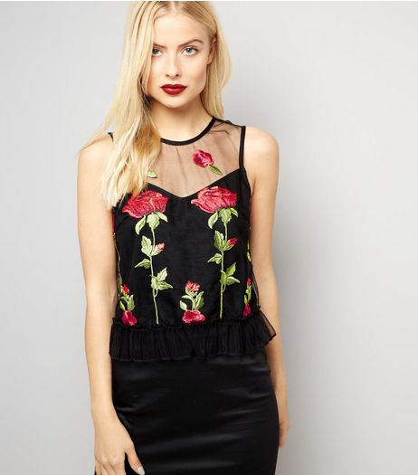 Parisian Black Floral Embroidered Peplum Hem Top | New Look