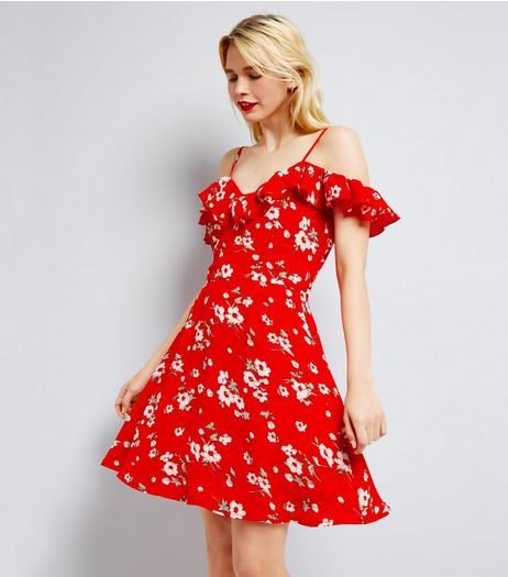Parisian Red Floral Print Frill Trim Dress | New Look