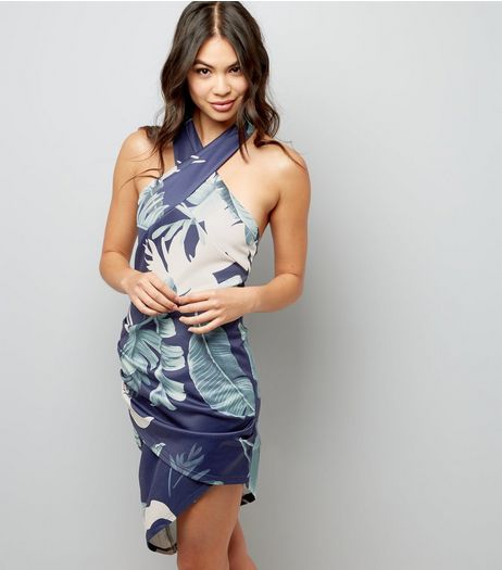 Parisian Blue Leaf Print Halter Neck Dress | New Look