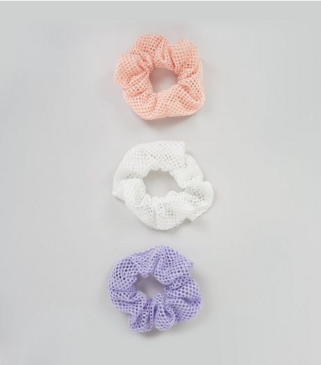 3 Pack Purple White and Pink Mesh Scrunchies | New Look
