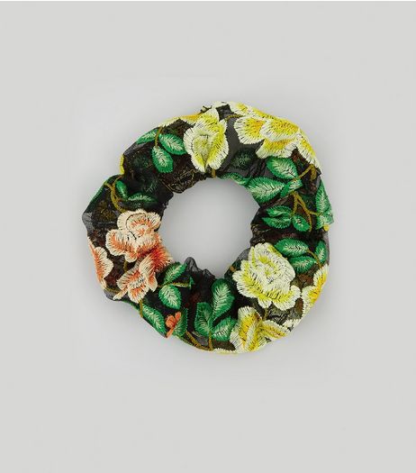 Black Floral Print Mesh Scrunchie | New Look