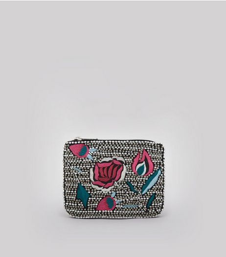 Black Floral Embroidered and Embellished Purse | New Look