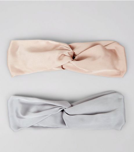 2 Pack Pink and Grey Satin Twist Top Hair Bands | New Look