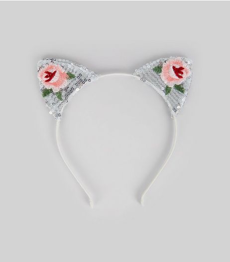 White Floral Embroidered Cat Ears Headband | New Look
