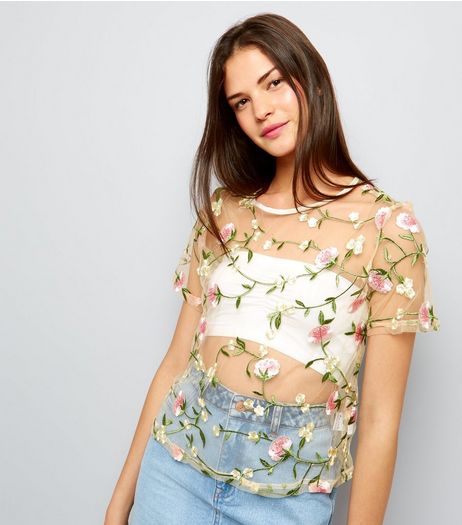Blue Vanilla Cream Floral Embroidered Sheer Top | New Look