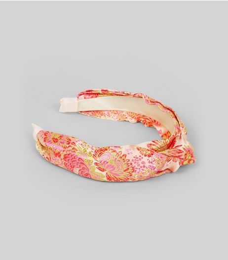 Pink Satin Floral Brocade Knot Top Headband | New Look