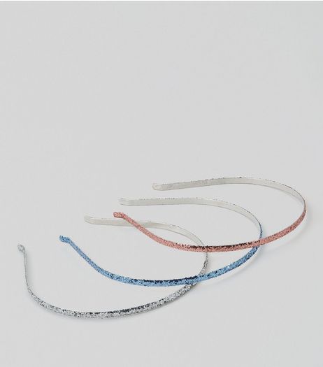 3 Pack Pink Blue and Silver Glitter Headbands | New Look