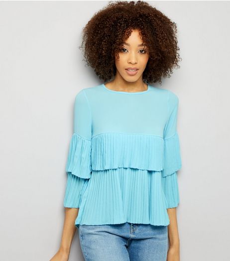 Pale Blue Pleated Frill Trim Top | New Look