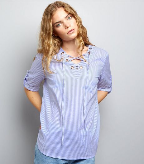 Loving This Blue Stripe Lattice Front Top | New Look