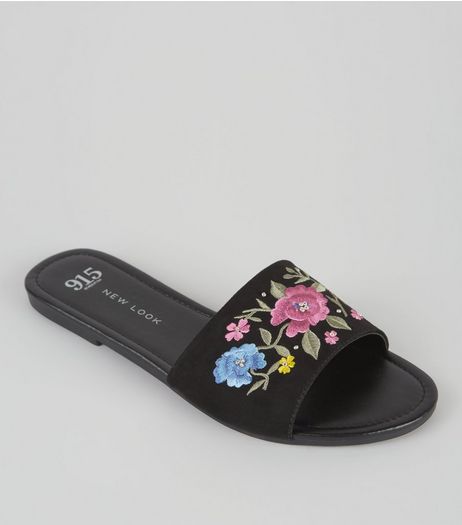 Teens Black Floral Embroidered Mules | New Look