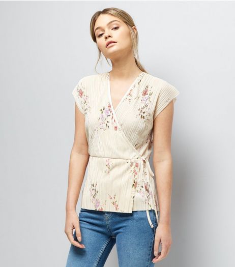Cream Floral Print Pleated Wrap Front Top | New Look