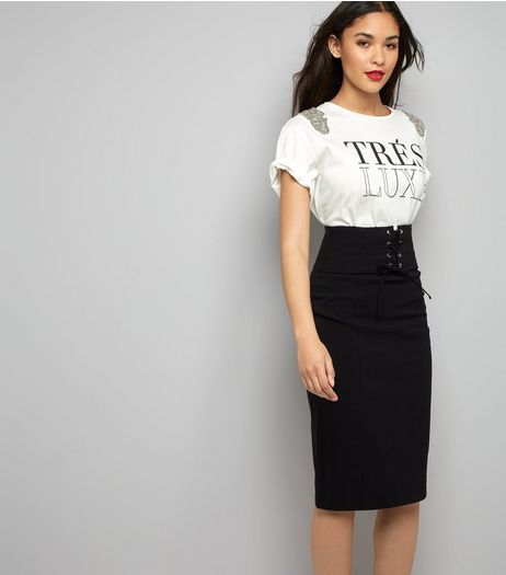 Black Lace Up Corset Pencil Skirt | New Look