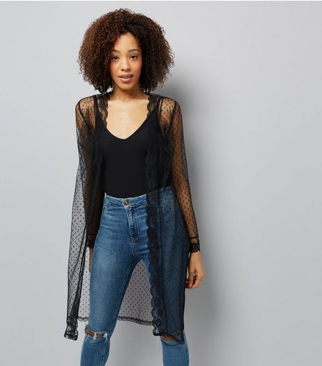 Black Mesh Spot Print Kimono | New Look