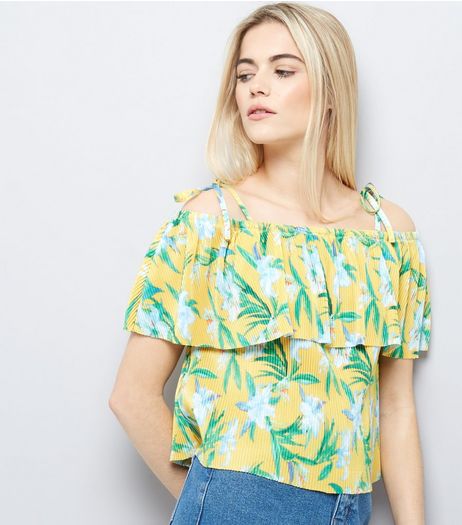 Yellow Tropical Floral Print Pleated Cold Shoulder Top | New Look