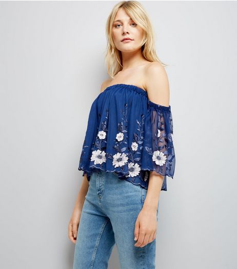Blue Mesh Floral Embroidered Bardot Neck Top | New Look