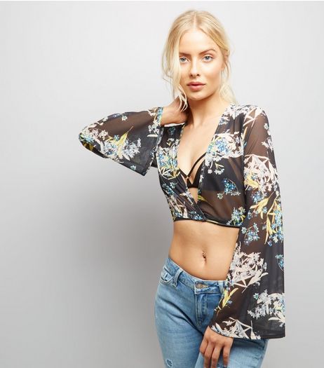 Black Floral Print Mesh Flared Sleeve Crop Top | New Look