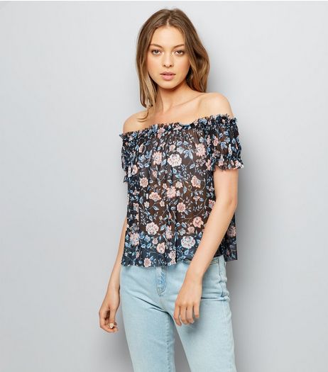 Black Floral Print Mesh Bardot Neck Top | New Look
