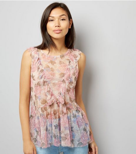 Pink Mesh Rose Print Frill Trim Vest | New Look