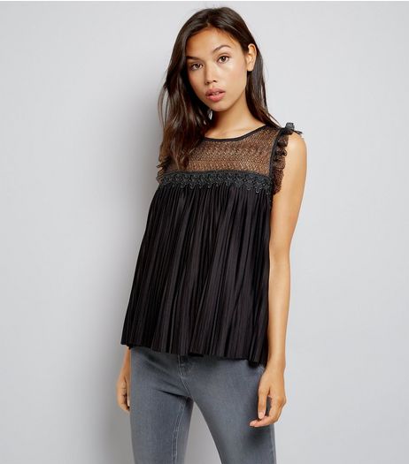 JDY Black Pleated Lace Panel Sleeveless Top | New Look