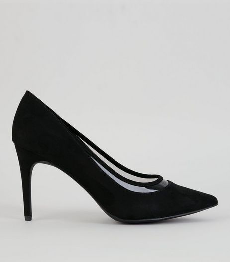 Black Suedette Clear Trim Court Shoes | New Look