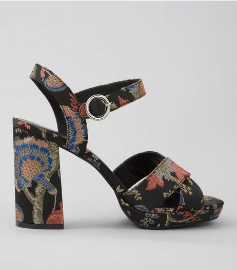 Black Brocade Platform Block Heels | New Look