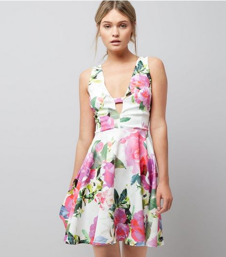 White Floral Print Bar Front Skater Dress | New Look