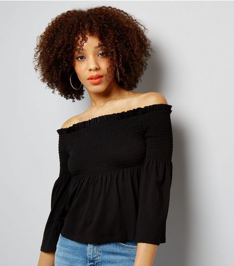Black Shirred Bardot Neck Top | New Look