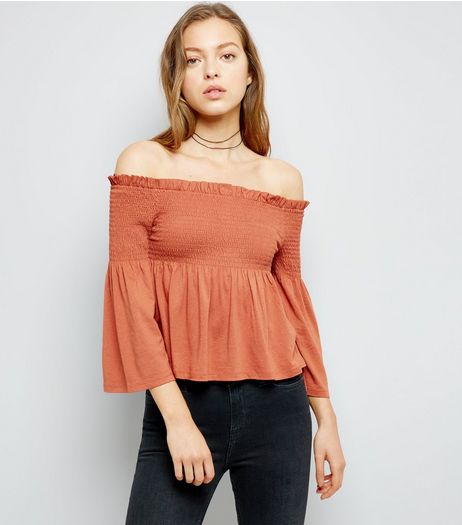 Light Brown Shirred Bardot Neck 3/4 Sleeve Top | New Look