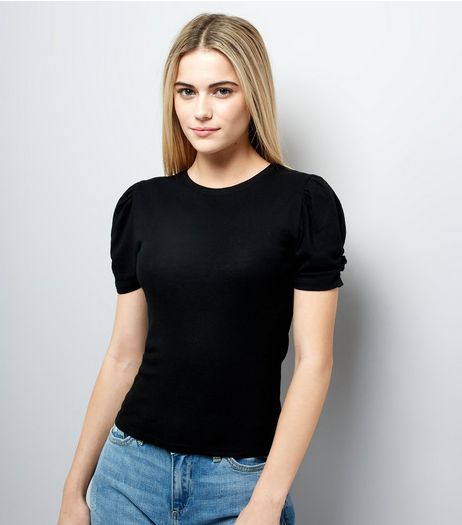 Black Ruched Sleeve T-Shirt | New Look
