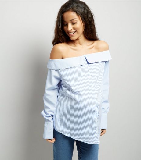 Maternity Blue Stripe Bardot Neck Shirt | New Look