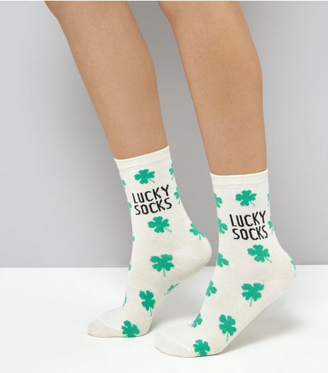 Cream Lucky Shamrock Printed Socks | New Look