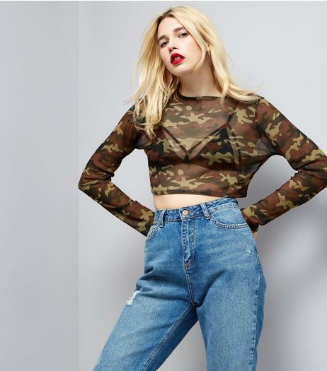 Green Cami Print Mesh Crop Top | New Look