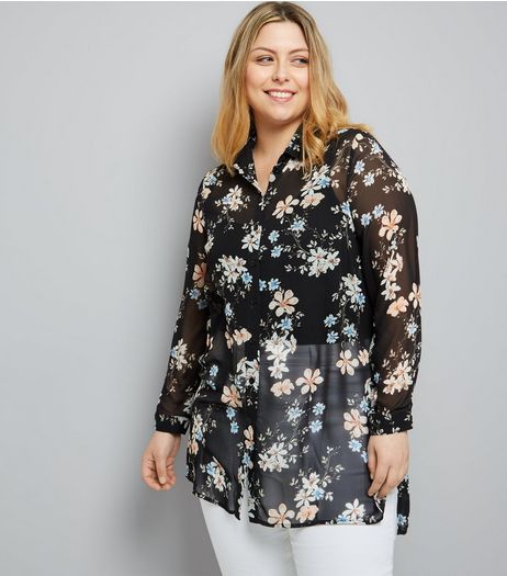 Curves Black Floral Print Chiffon Longline Shirt | New Look