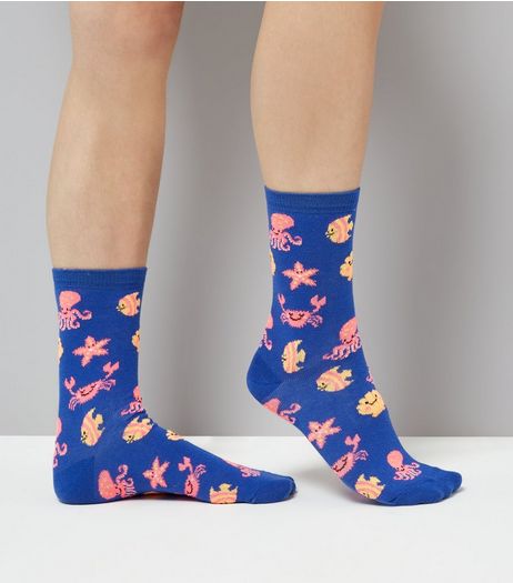 Blue Sea Creature Print Socks | New Look