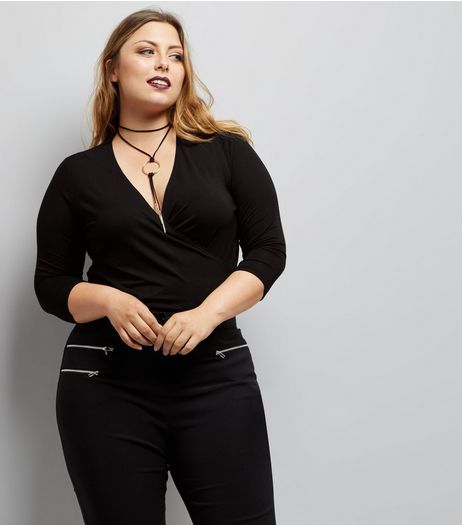 Curves Black Wrap Front Bodysuit | New Look