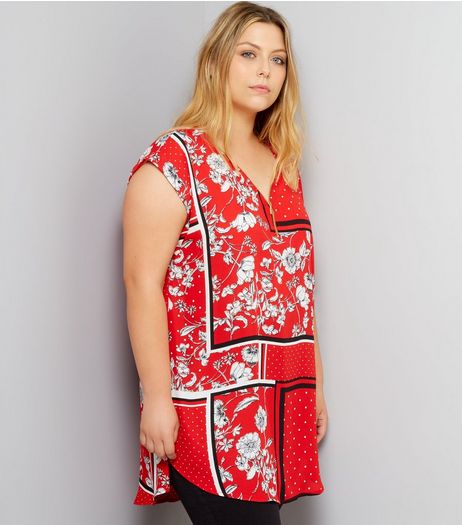 Curves Red Floral Print Zip Front Tunic | New Look
