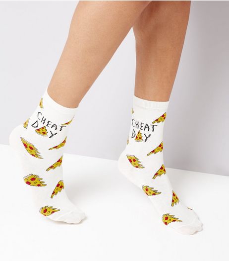 White Cheat Day Pizza Print Socks | New Look