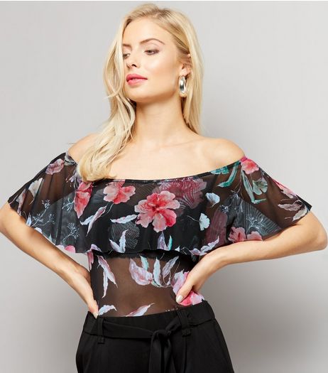 Black Floral Print Frill Trim Mesh Bodysuit | New Look