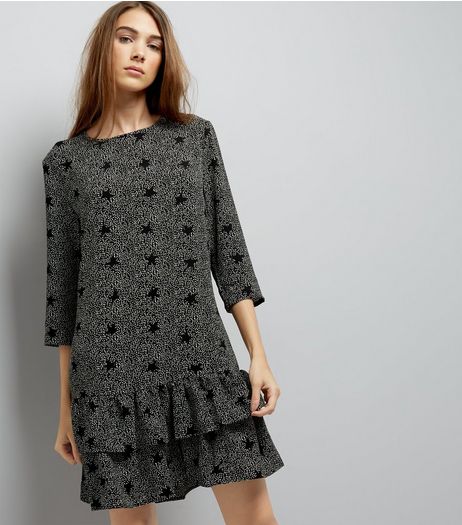 JDY Black Frill Hem Strar Print Dress | New Look