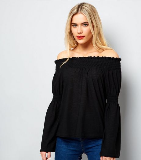 Black Shirred Bardot Neck Long Sleeve Top | New Look