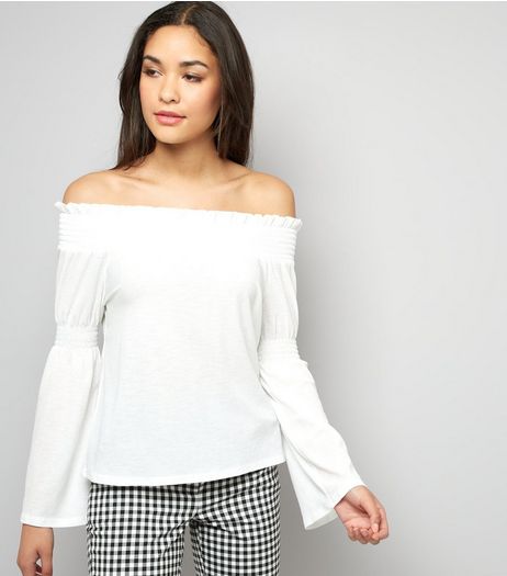 Cream Shirred Bardot Neck Top | New Look